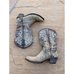 Corral Boots Teens 4 Leather Bone Embroidered Western Square Toe Cowgirl Rodeo
